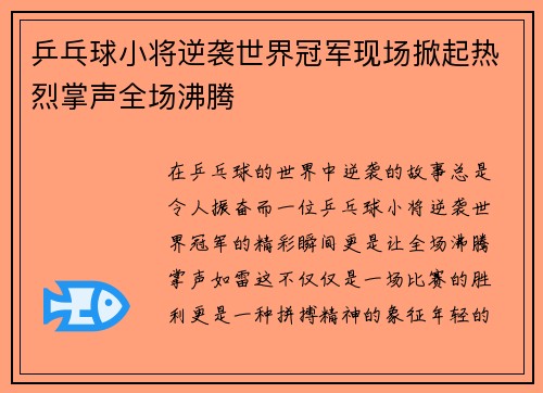 乒乓球小将逆袭世界冠军现场掀起热烈掌声全场沸腾