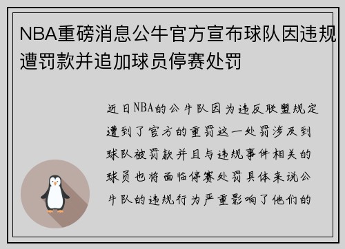 NBA重磅消息公牛官方宣布球队因违规遭罚款并追加球员停赛处罚